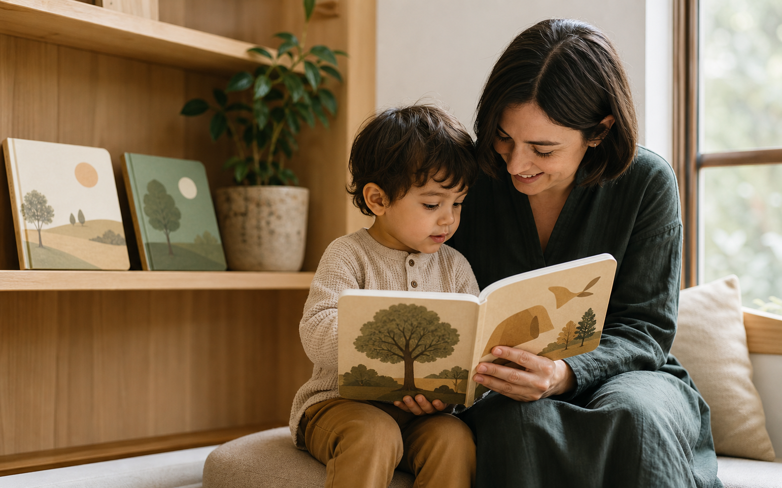 Parent and young child sharing a thick rounded-corner board book in a calm reading setting