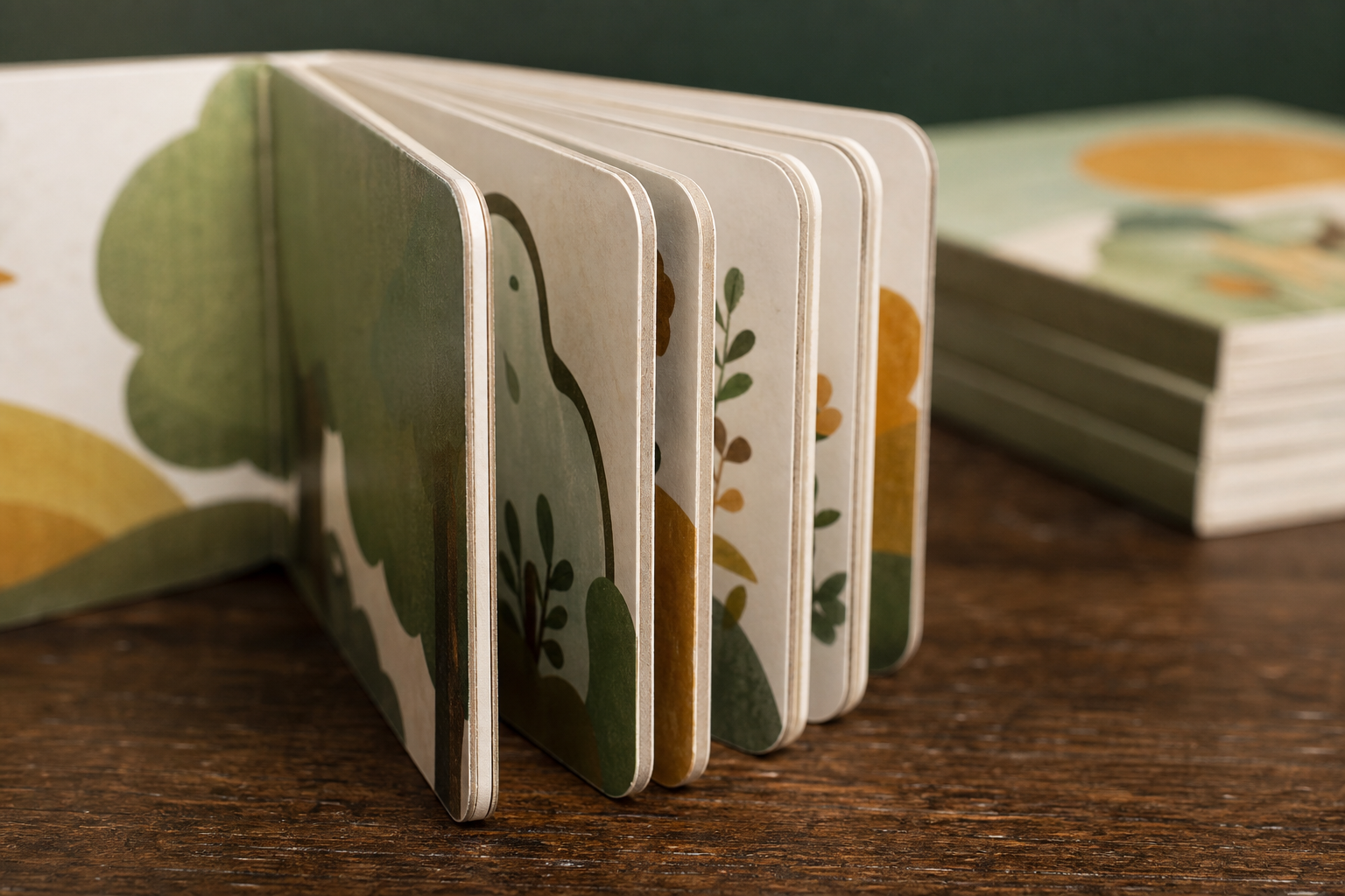 Close detail of thick laminated board book leaves with rounded corners