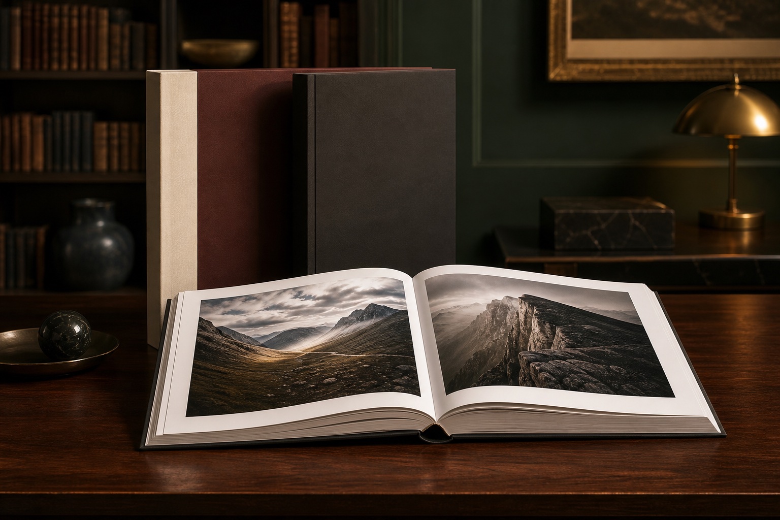 Large-format coffee table book open to a landscape photography spread with companion clothbound editions