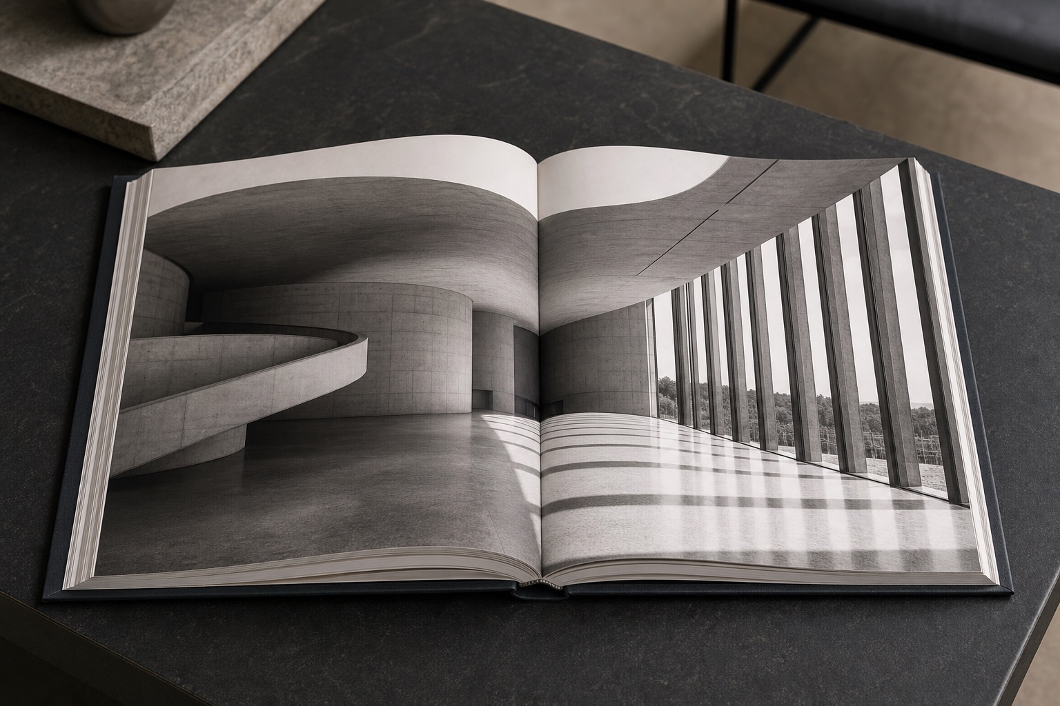 Large photography book open to a black and white architectural spread