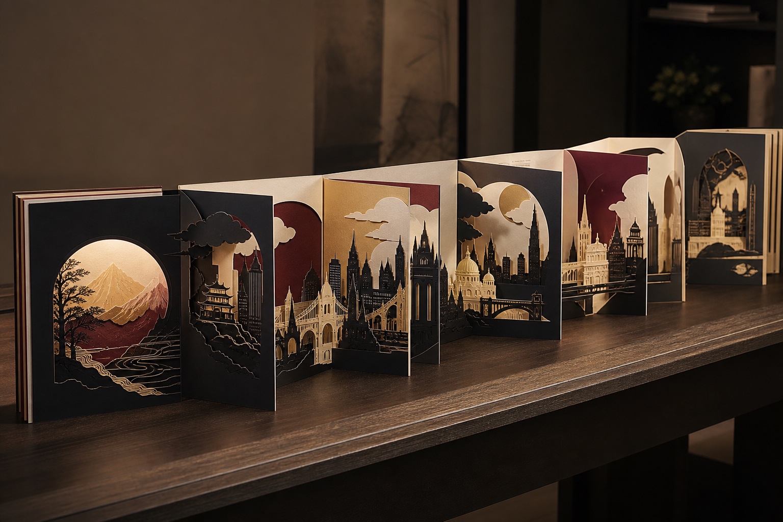 Accordion interactive art book with sequential layered scenes