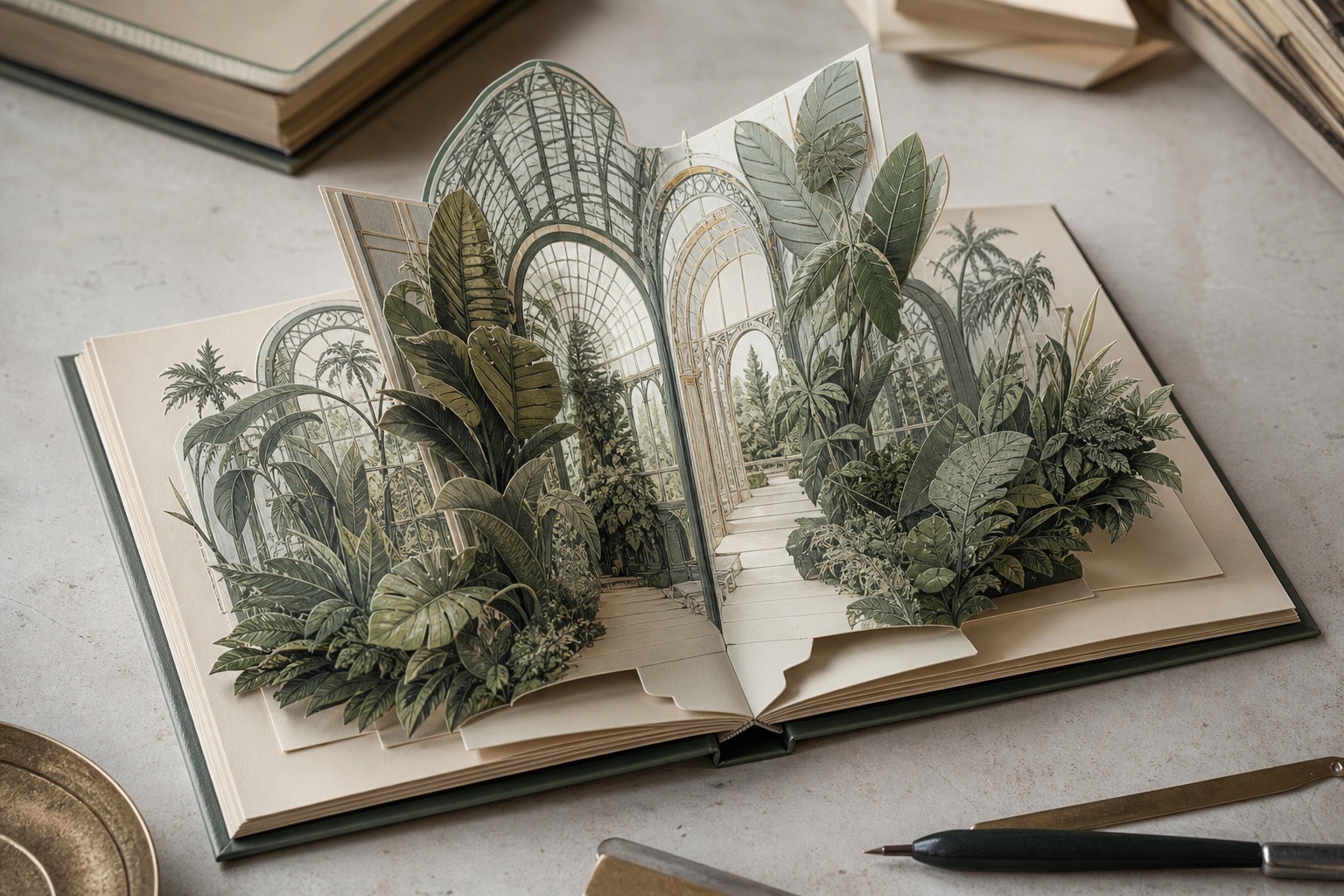 Botanical pop-up book with layered paper mechanisms