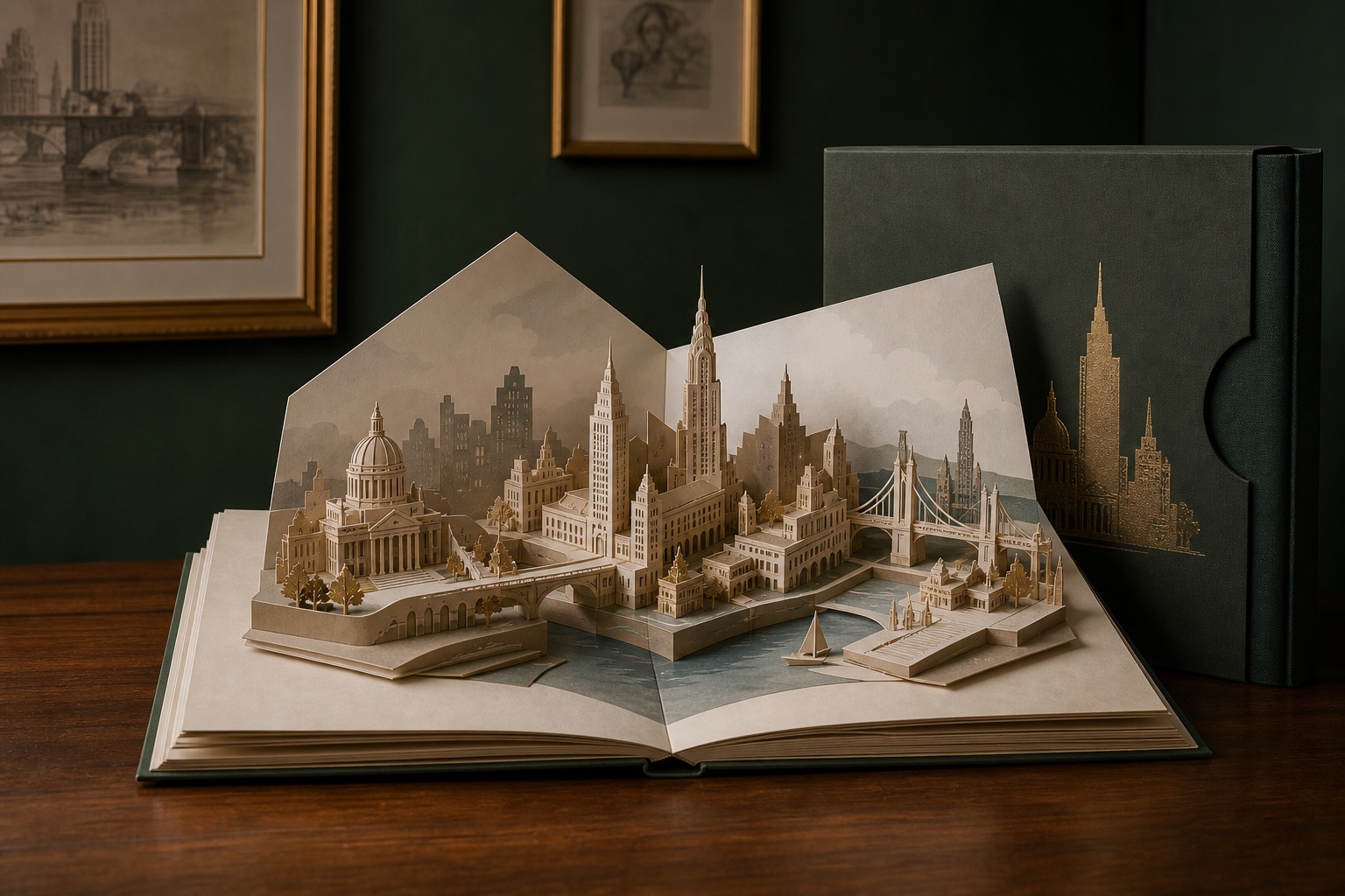 Premium architectural pop-up book with layered city paper engineering