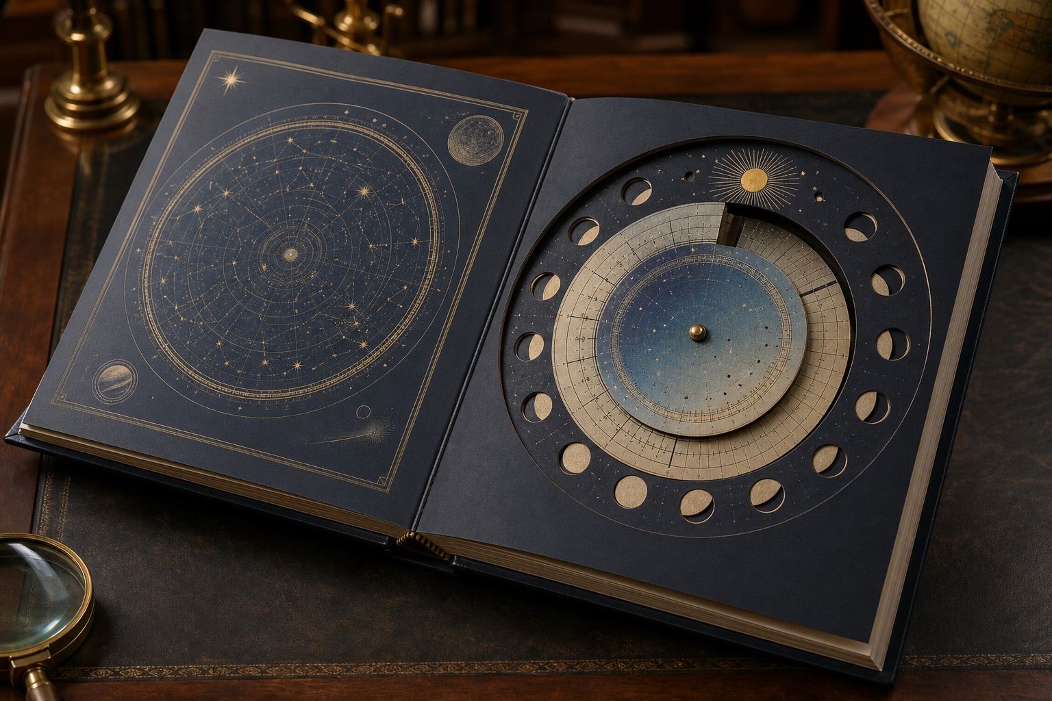 Astronomy interactive book with a rotating paper wheel