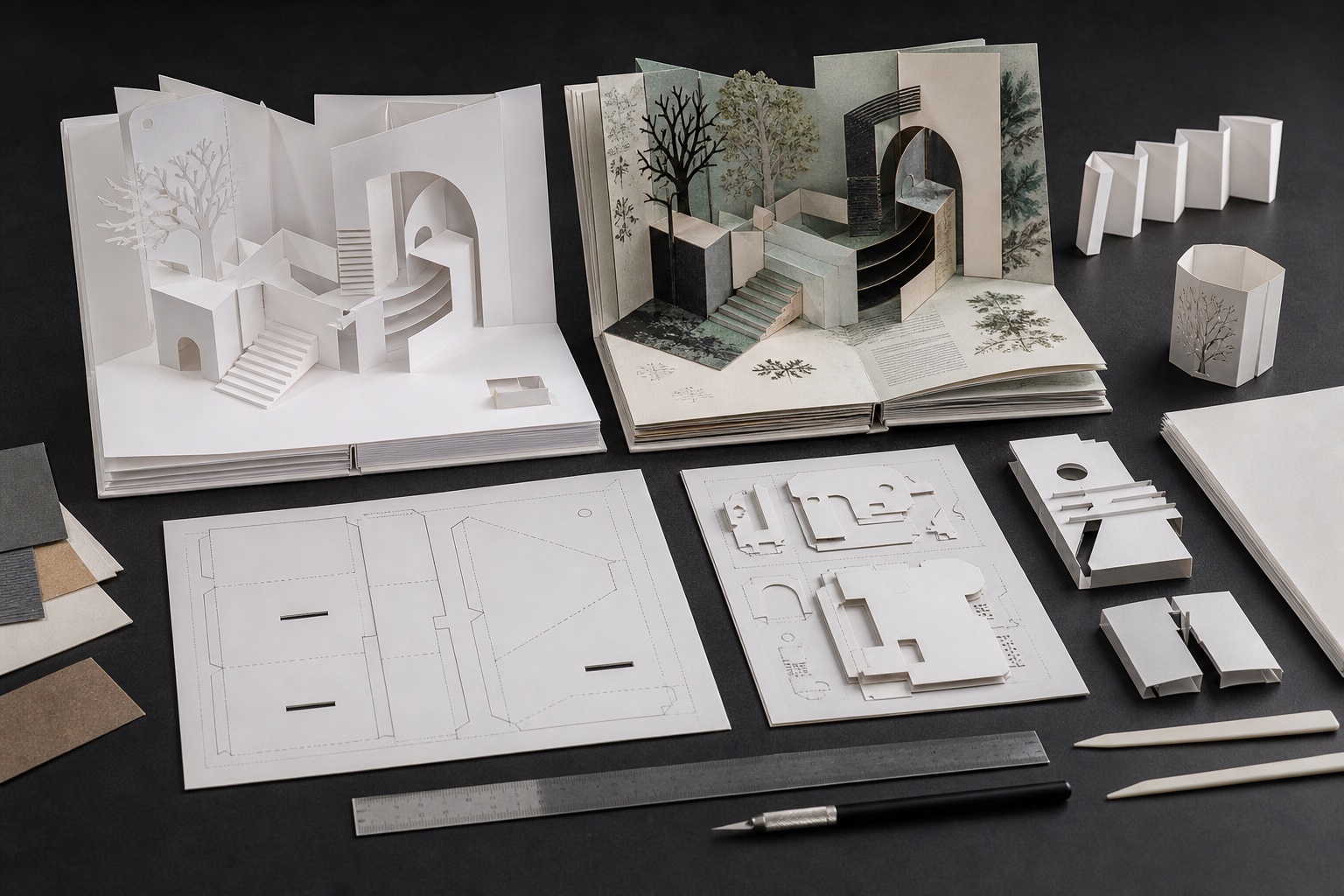 White structural dummy, printed sample and paper-engineering components