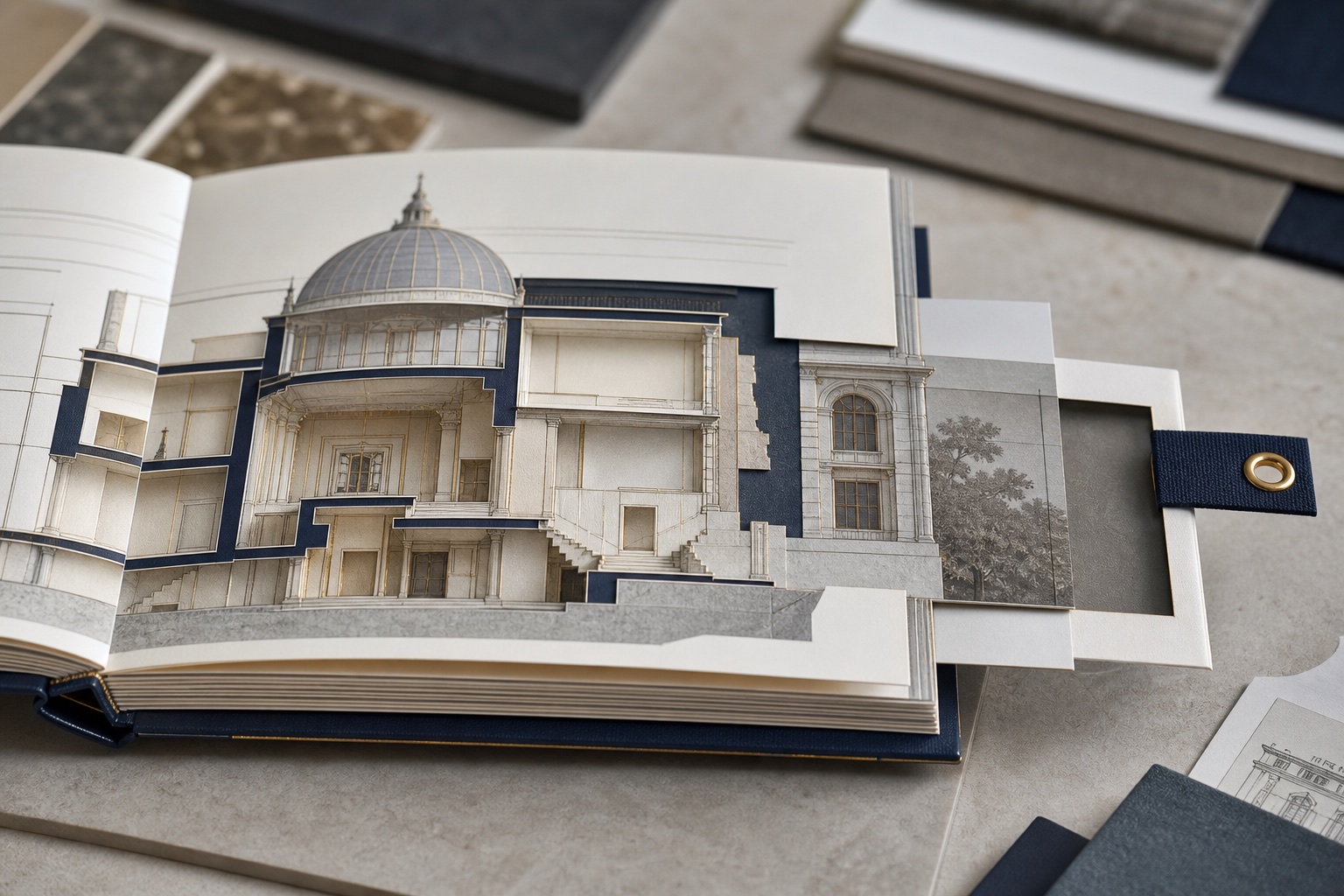 Architectural interactive book with a sliding pull-tab reveal
