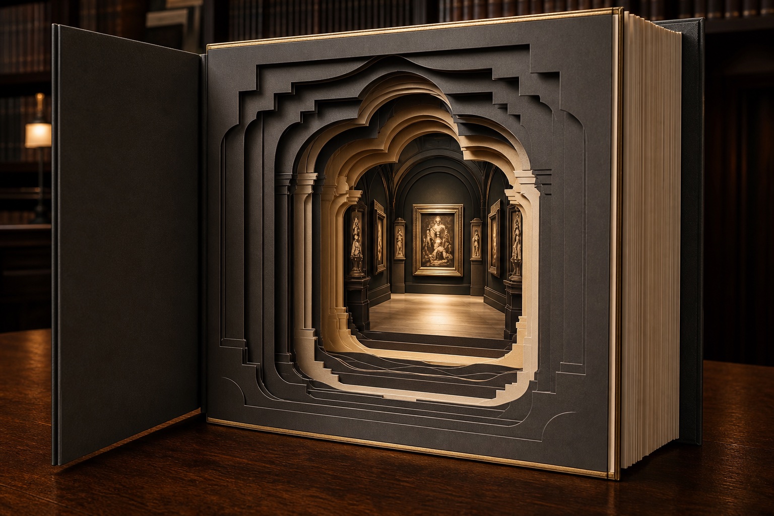 Museum tunnel book with layered die-cut gallery frames