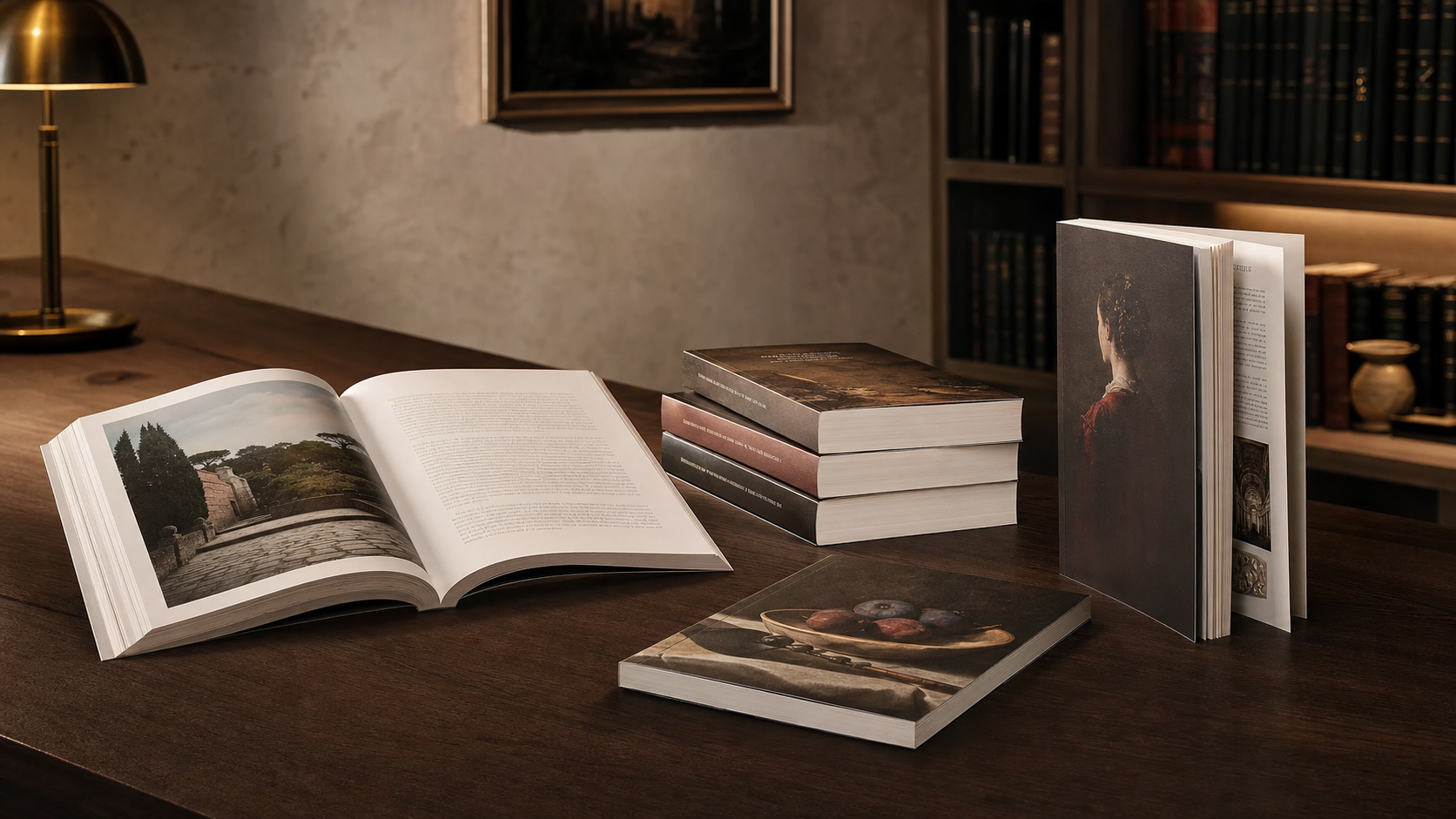 Premium softcover trade books in a publisher reading room