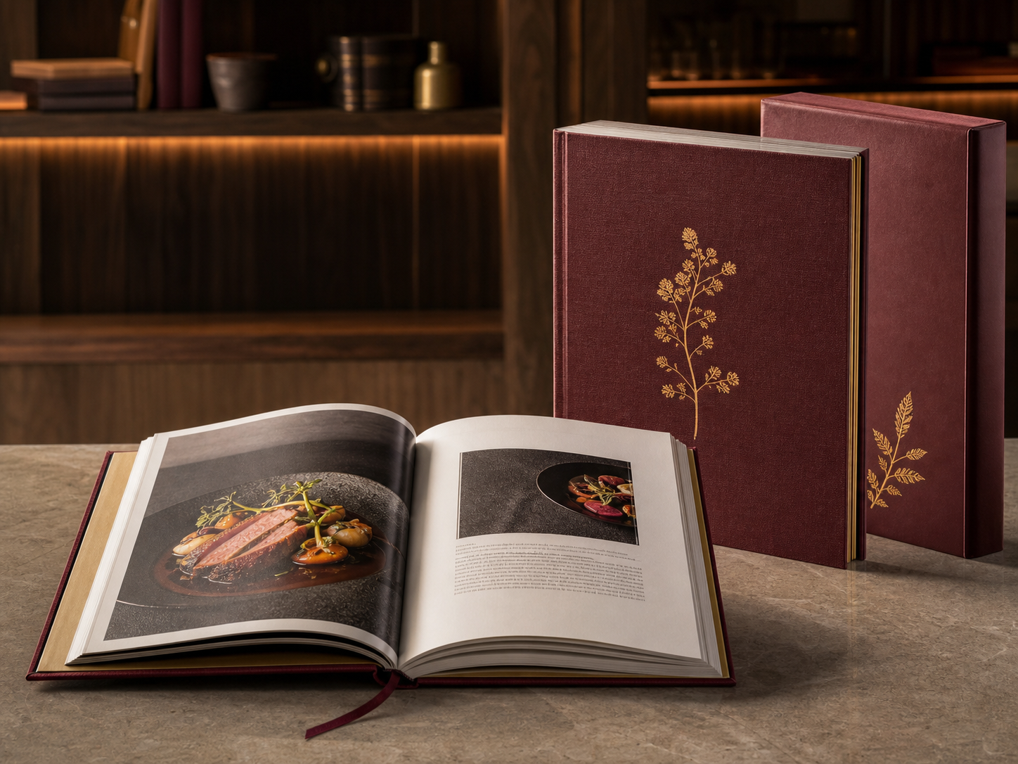 Luxury hardcover cookbook in a refined culinary library setting