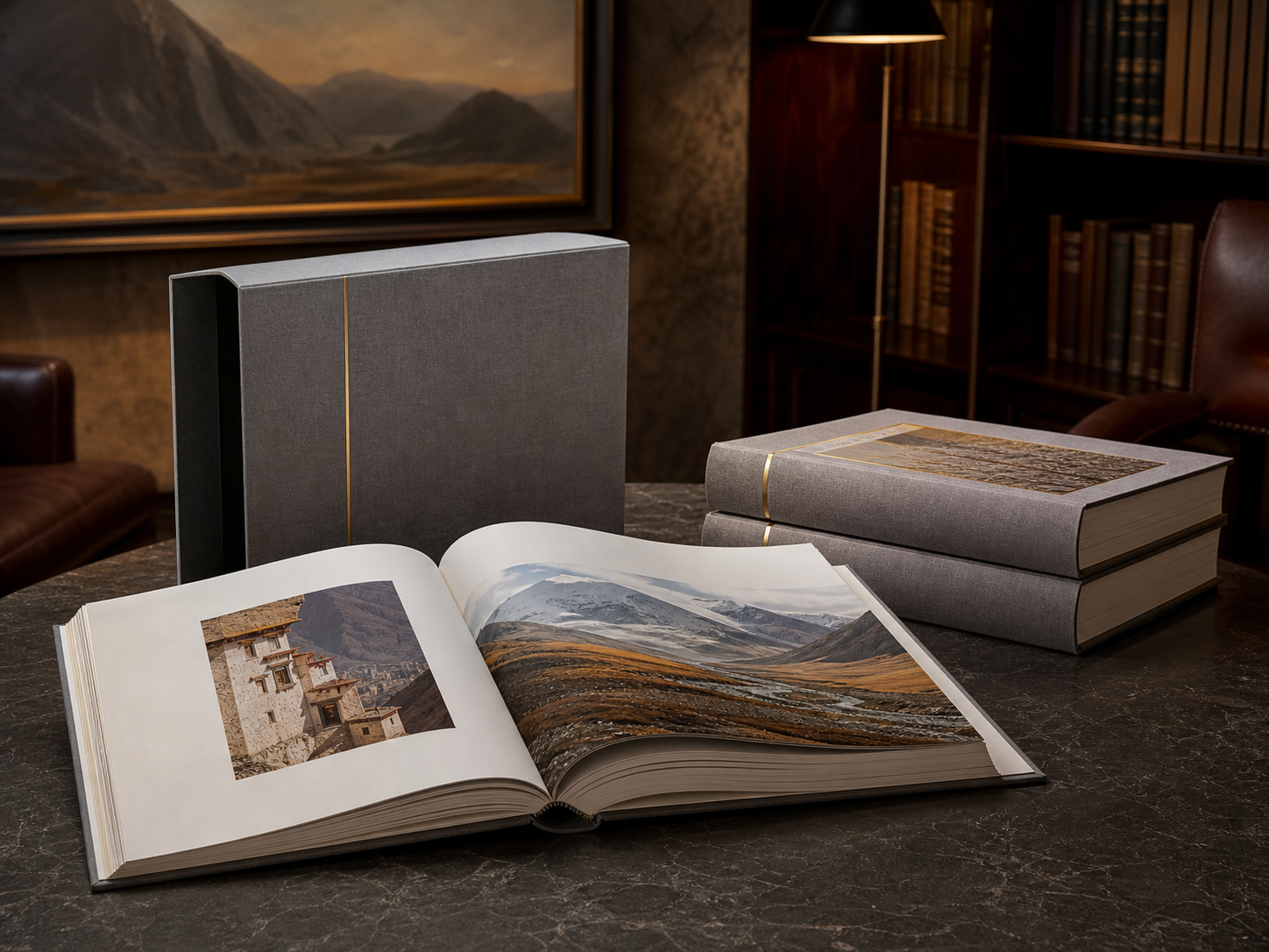 Luxury travel and cultural hardcover edition in a private library setting