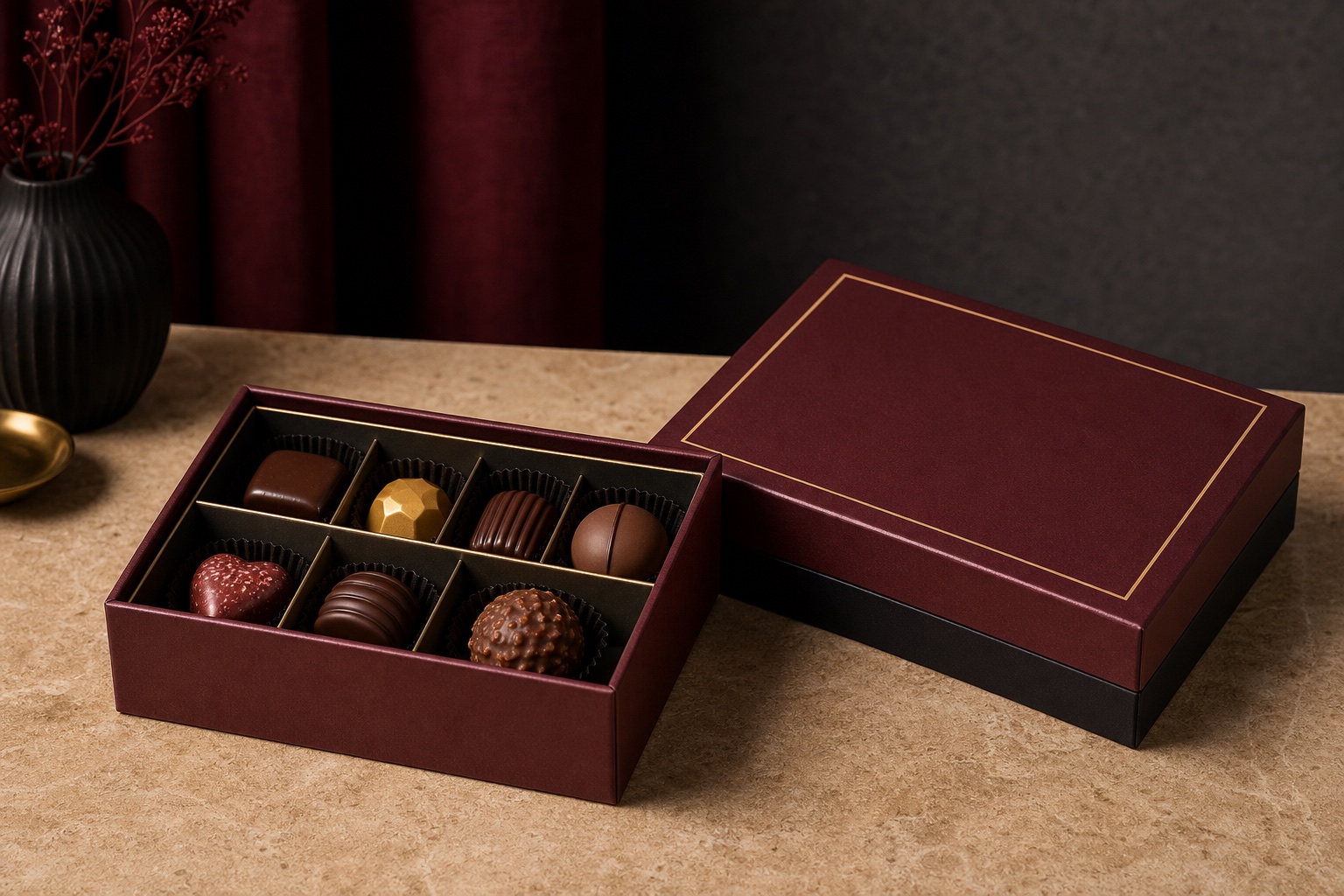 Burgundy rigid chocolate gift box with organized paperboard compartments