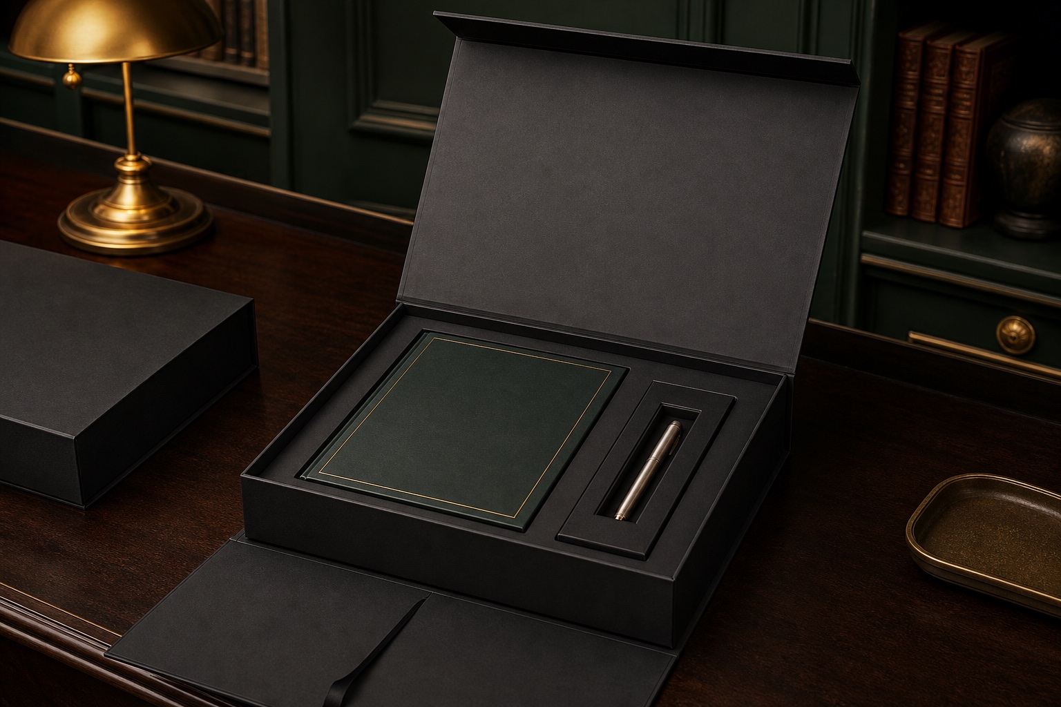 Premium rigid presentation box with a booklet and accessory in separate fitted compartments