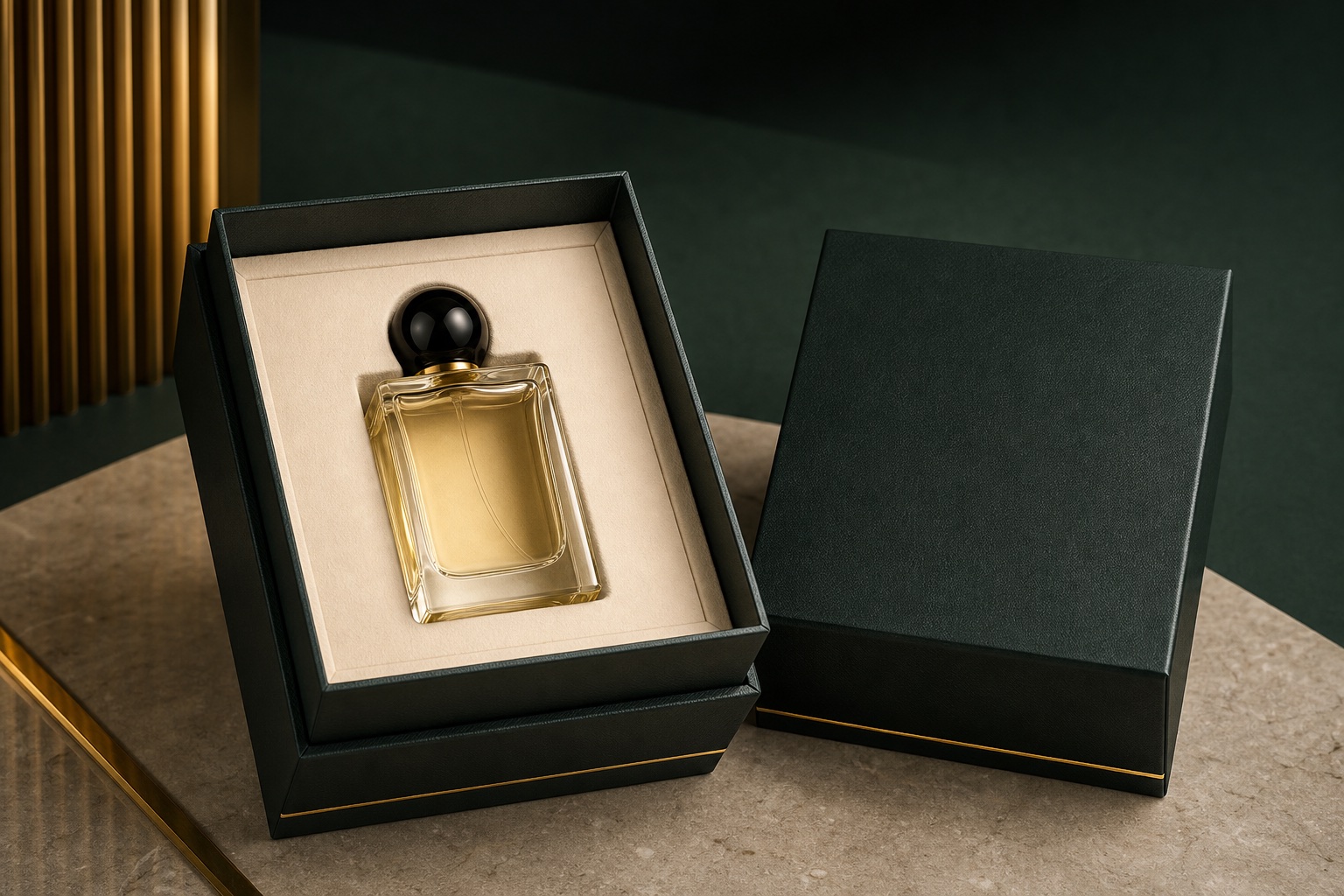 Premium fragrance bottle protected in a fitted insert inside a lift-off lid rigid box