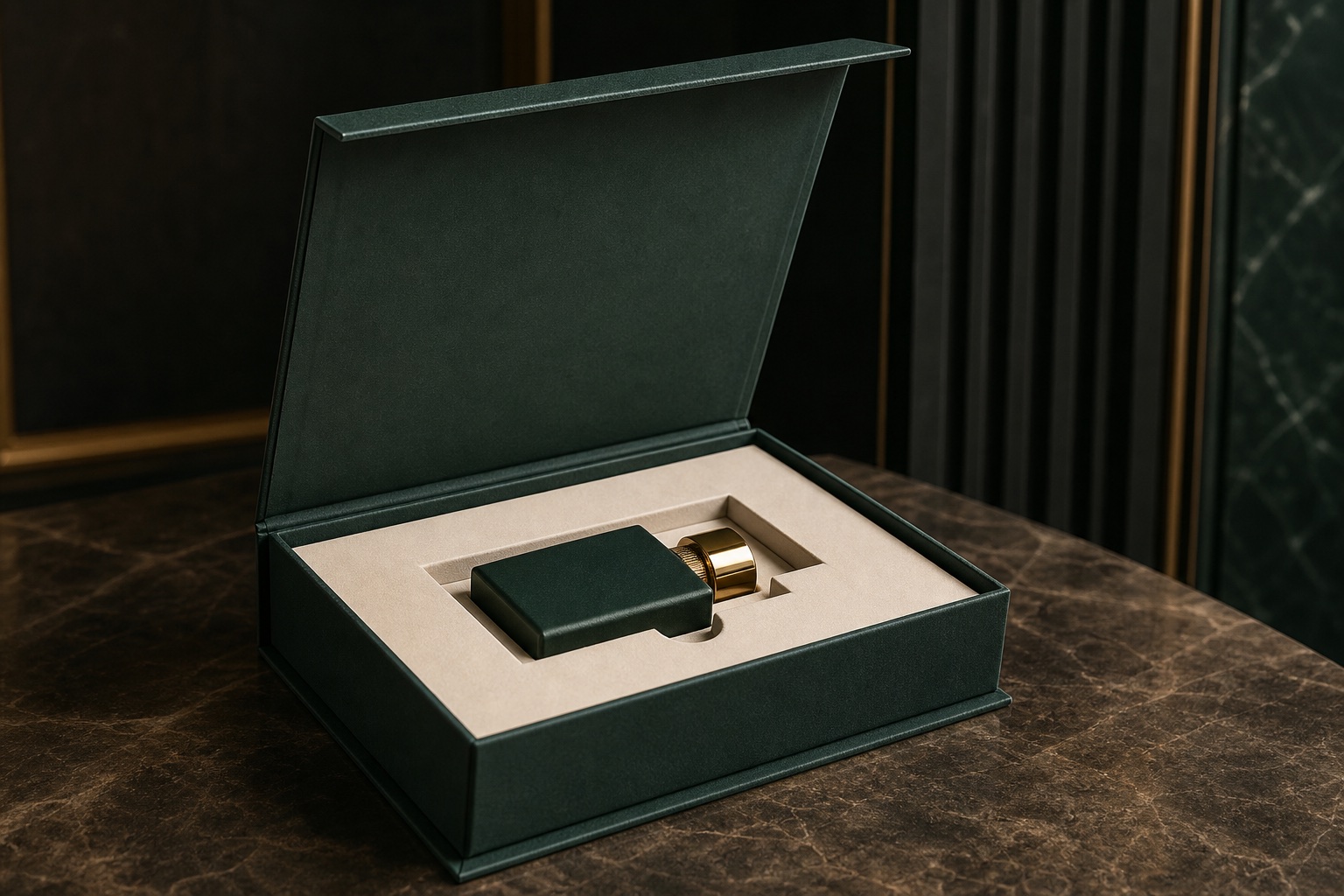 Forest green magnetic book-style rigid box with a fitted paperboard insert