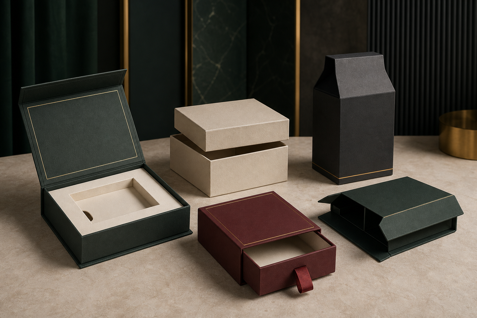 Magnetic, lift-off lid, drawer, shoulder-neck and collapsible rigid boxes