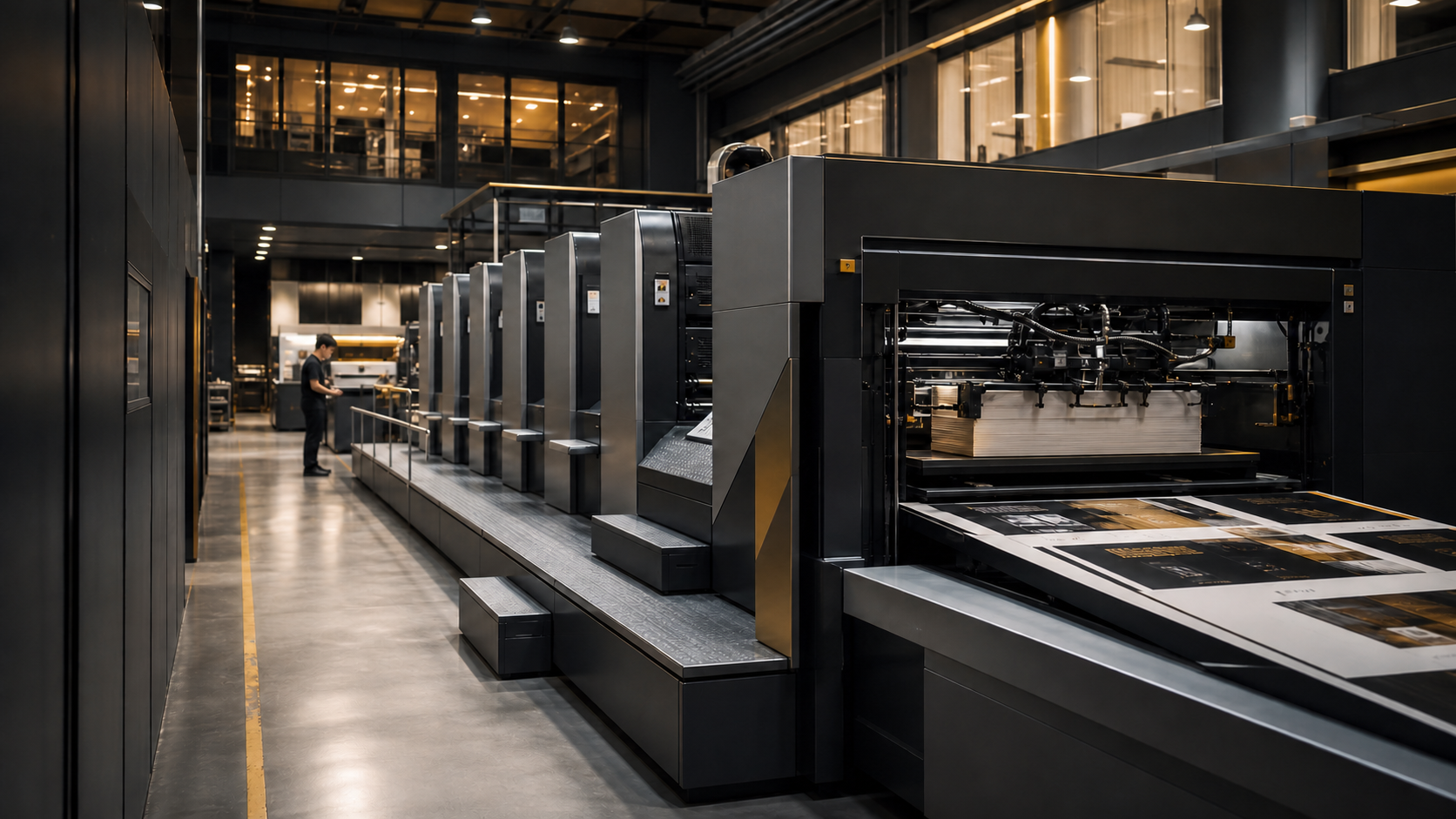 Visual guide to a modern offset printing production stage with a Chinese production team
