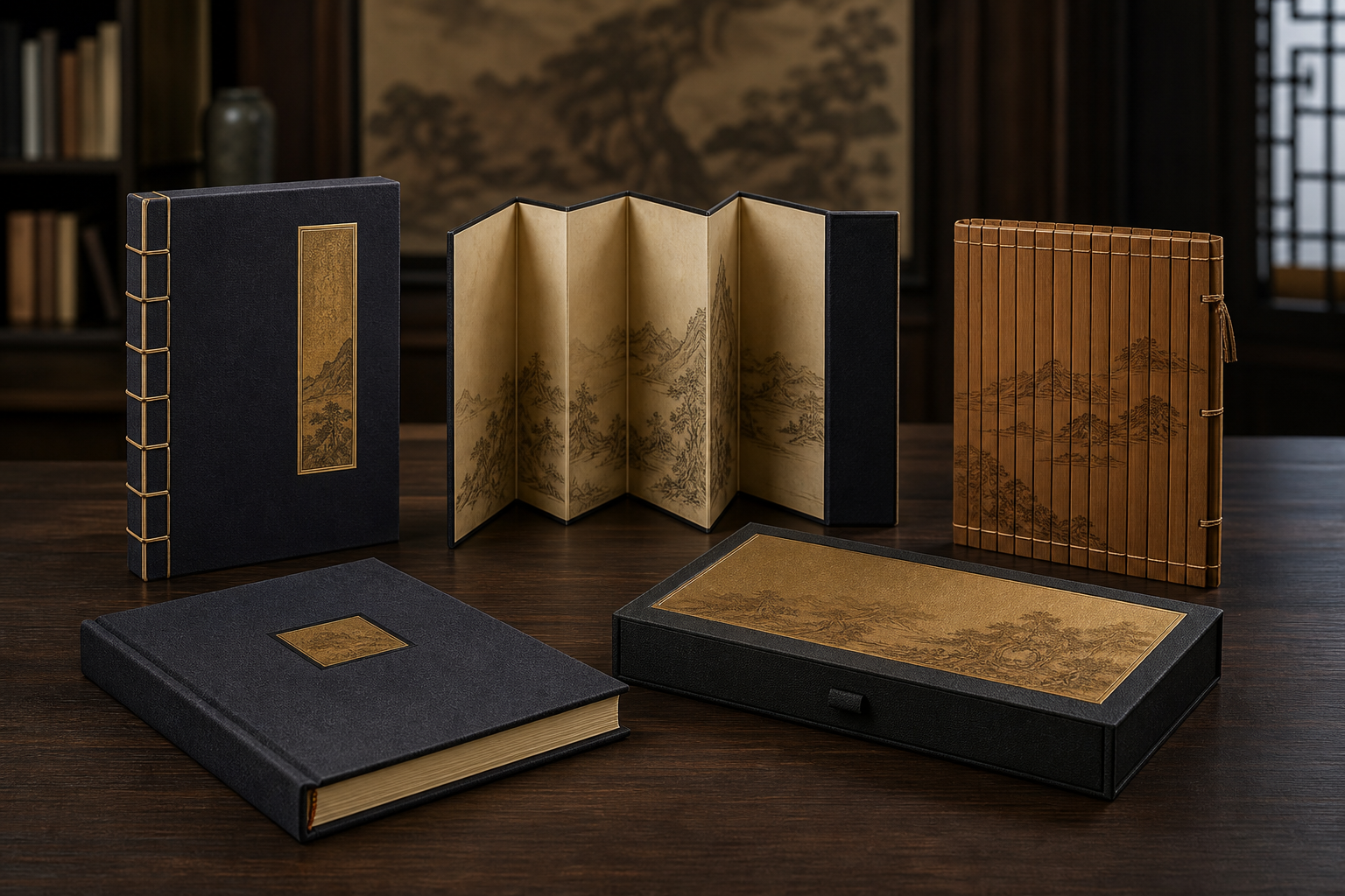 Thread-bound, accordion and bamboo inspired collector books