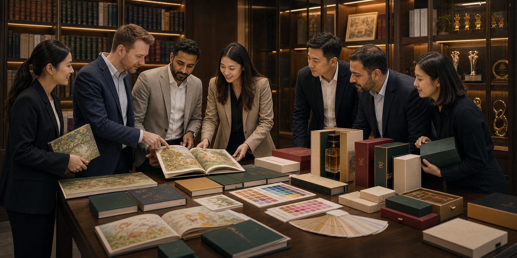 International publishing clients reviewing printed samples