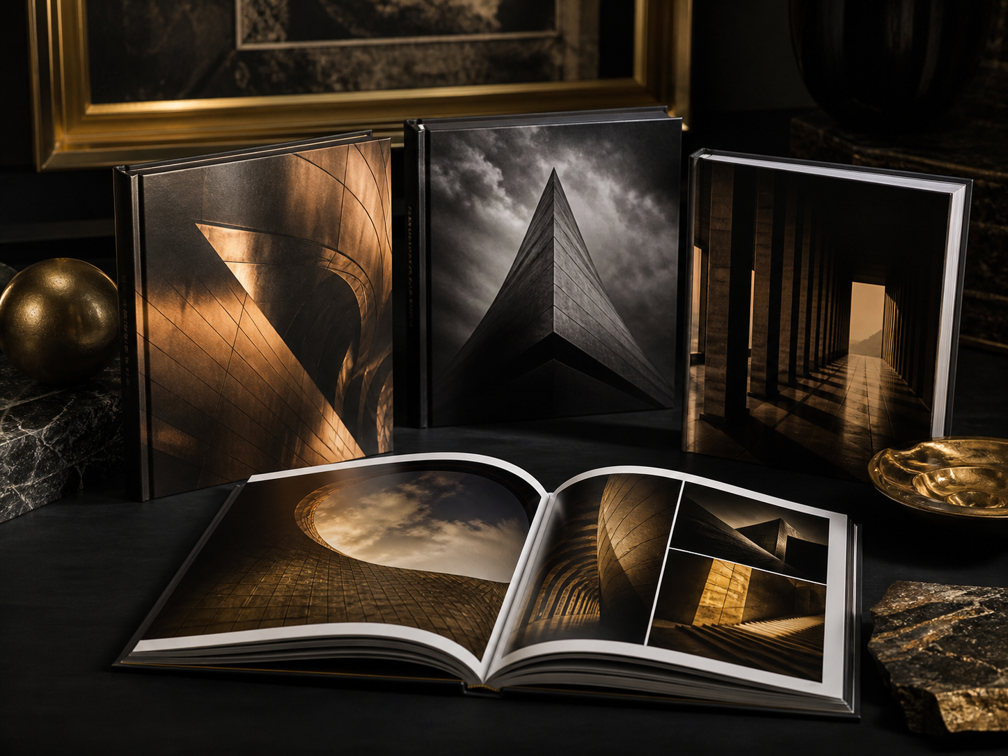 Architectural photography portfolio with multiple hardcover volumes