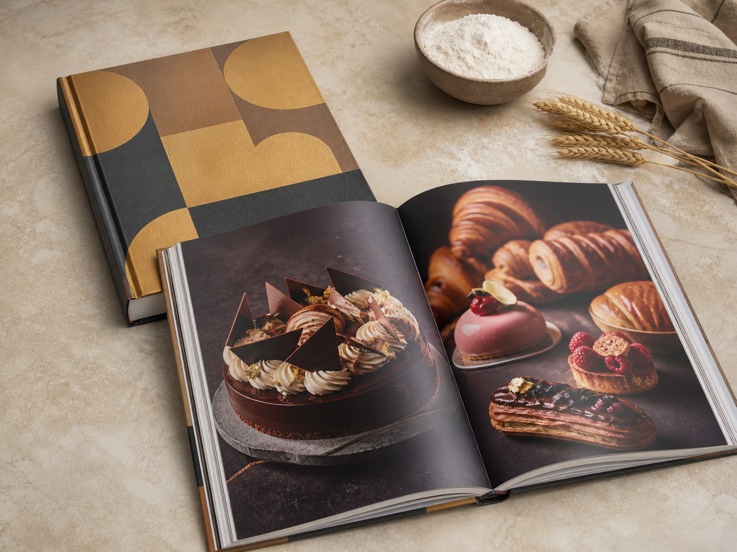 Pastry and baking cookbook with colourful spreads