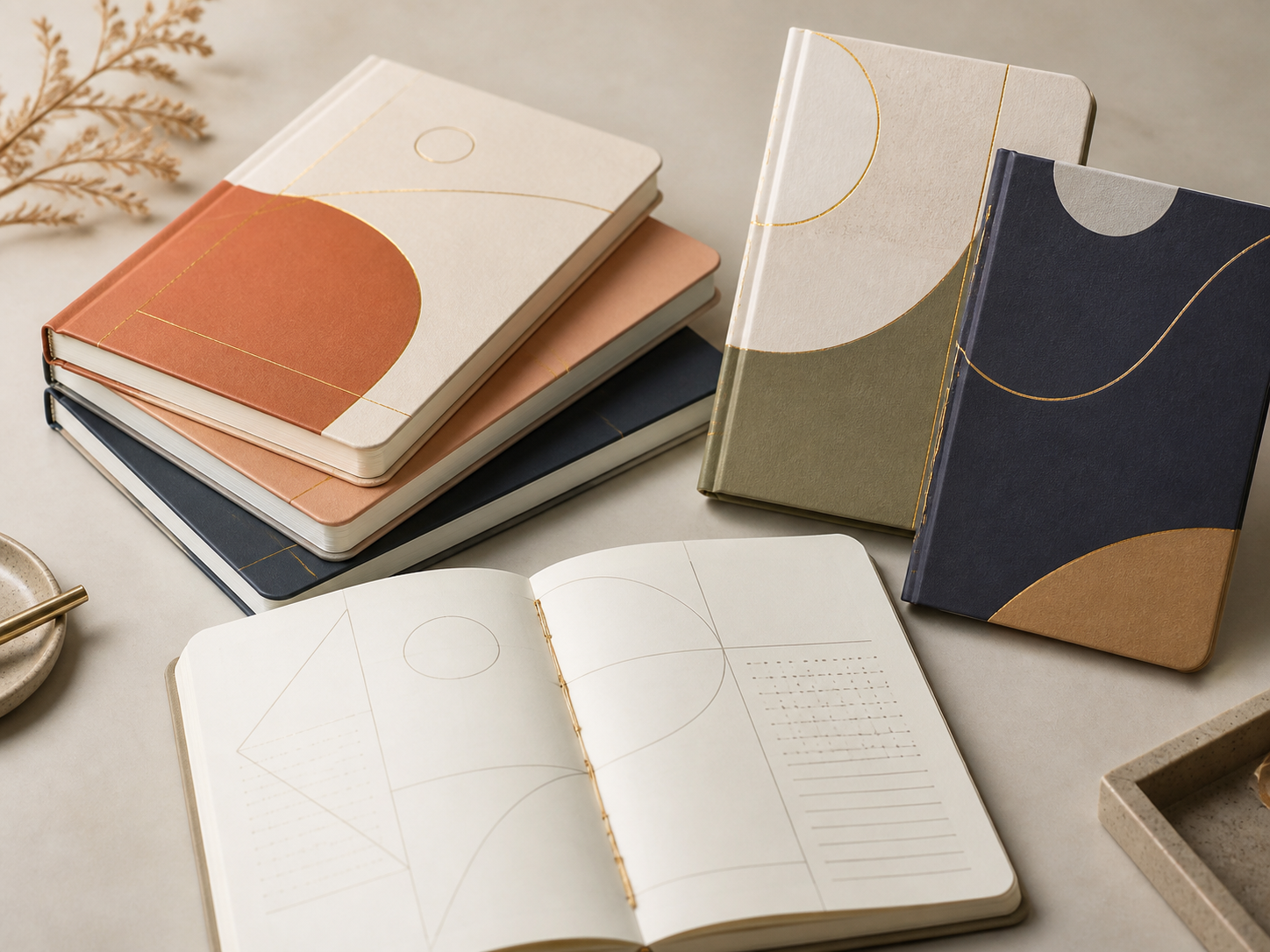 Rounded-corner hardcover planner series with geometric page layout