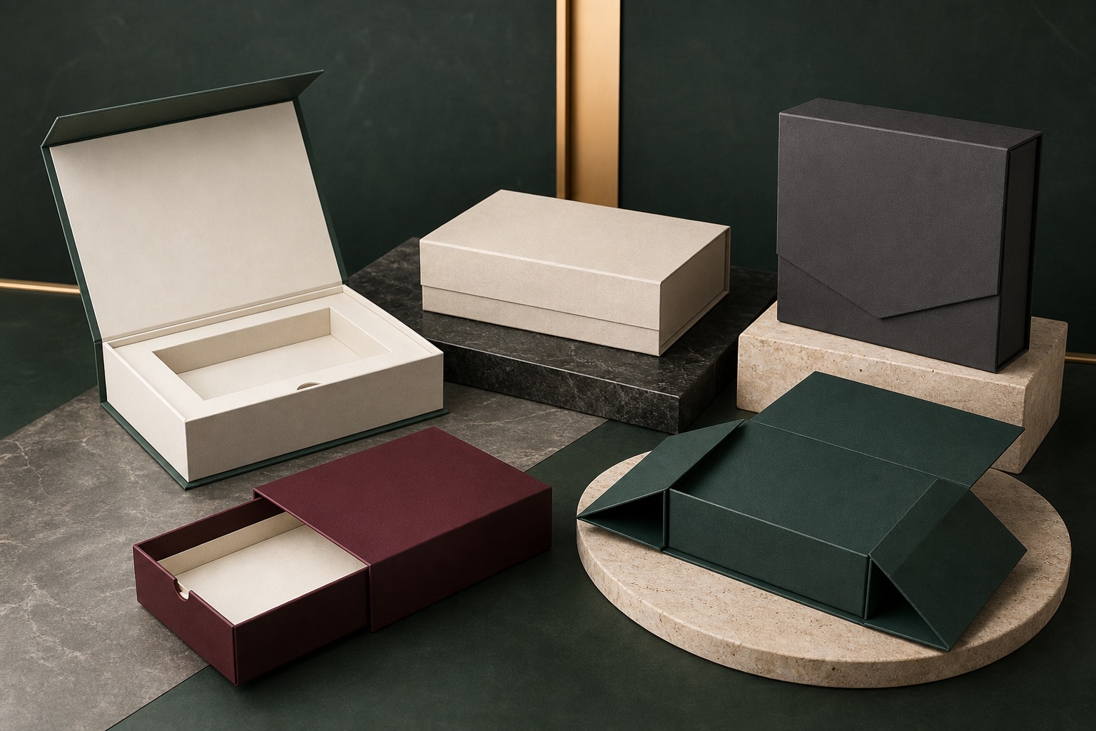 Magnetic boxes, lift-off lid boxes, drawer boxes and foldable rigid-box structures