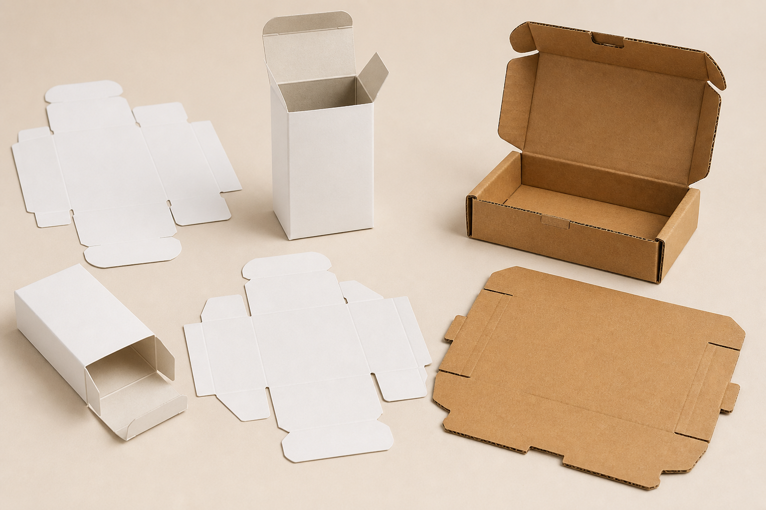 Dielines and finished forms for tuck-end, folding and corrugated mailer boxes