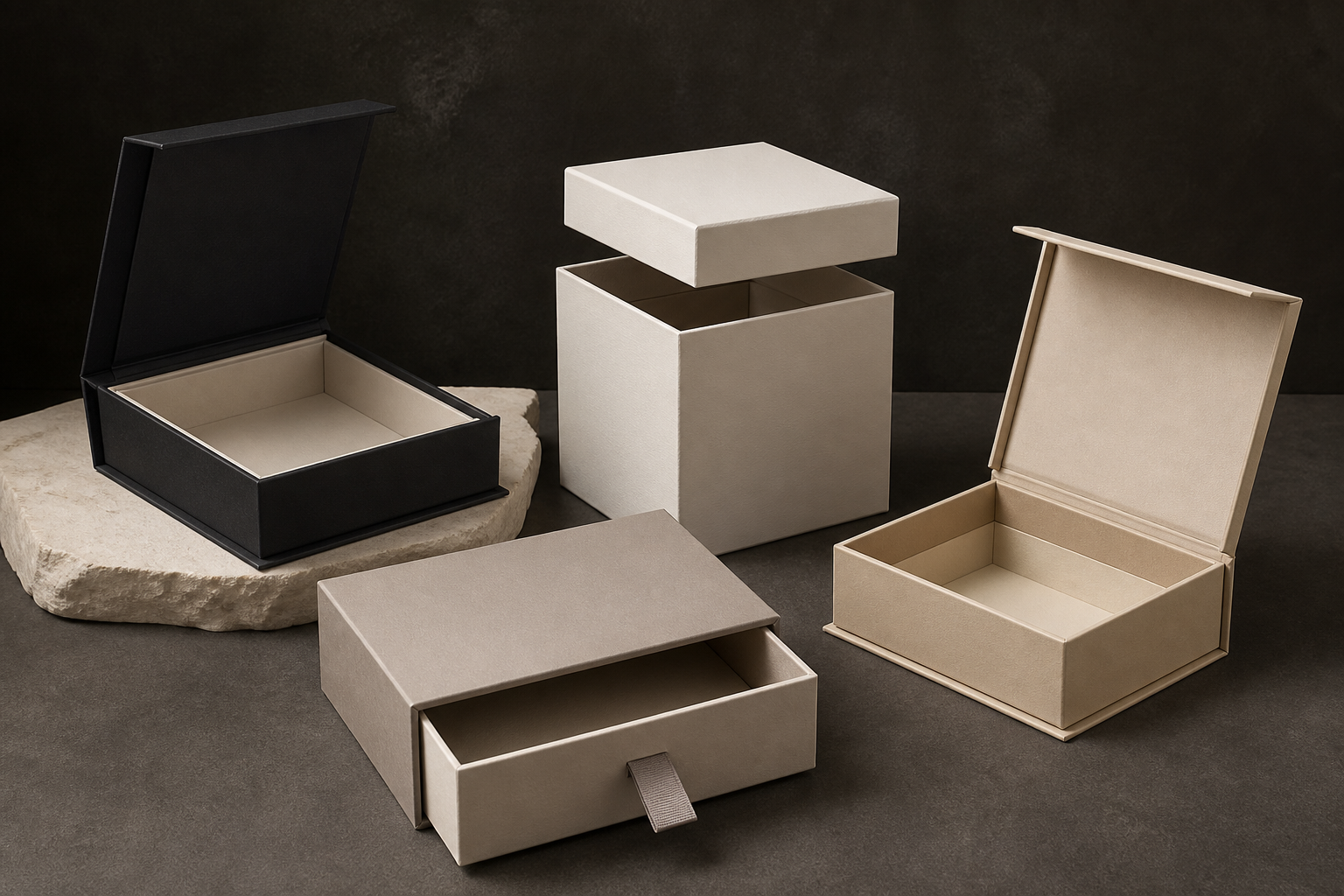 Comparison of magnetic hinged, lid-and-base, drawer and shoulder-neck rigid box structures