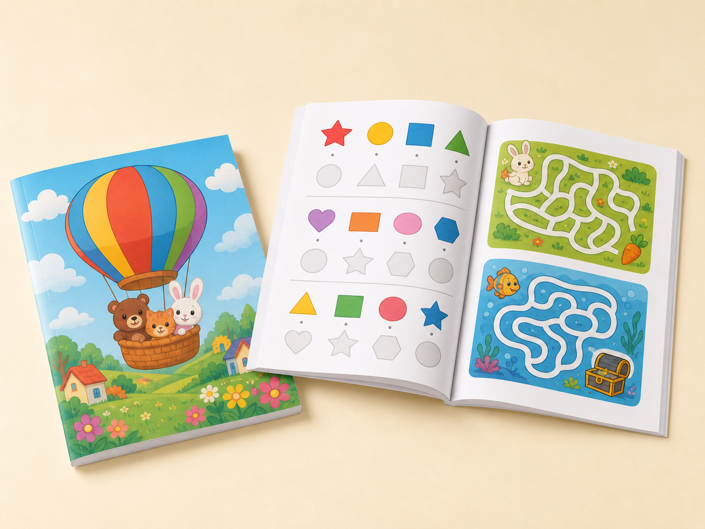 Finished children's activity and practice book with illustrated puzzle pages