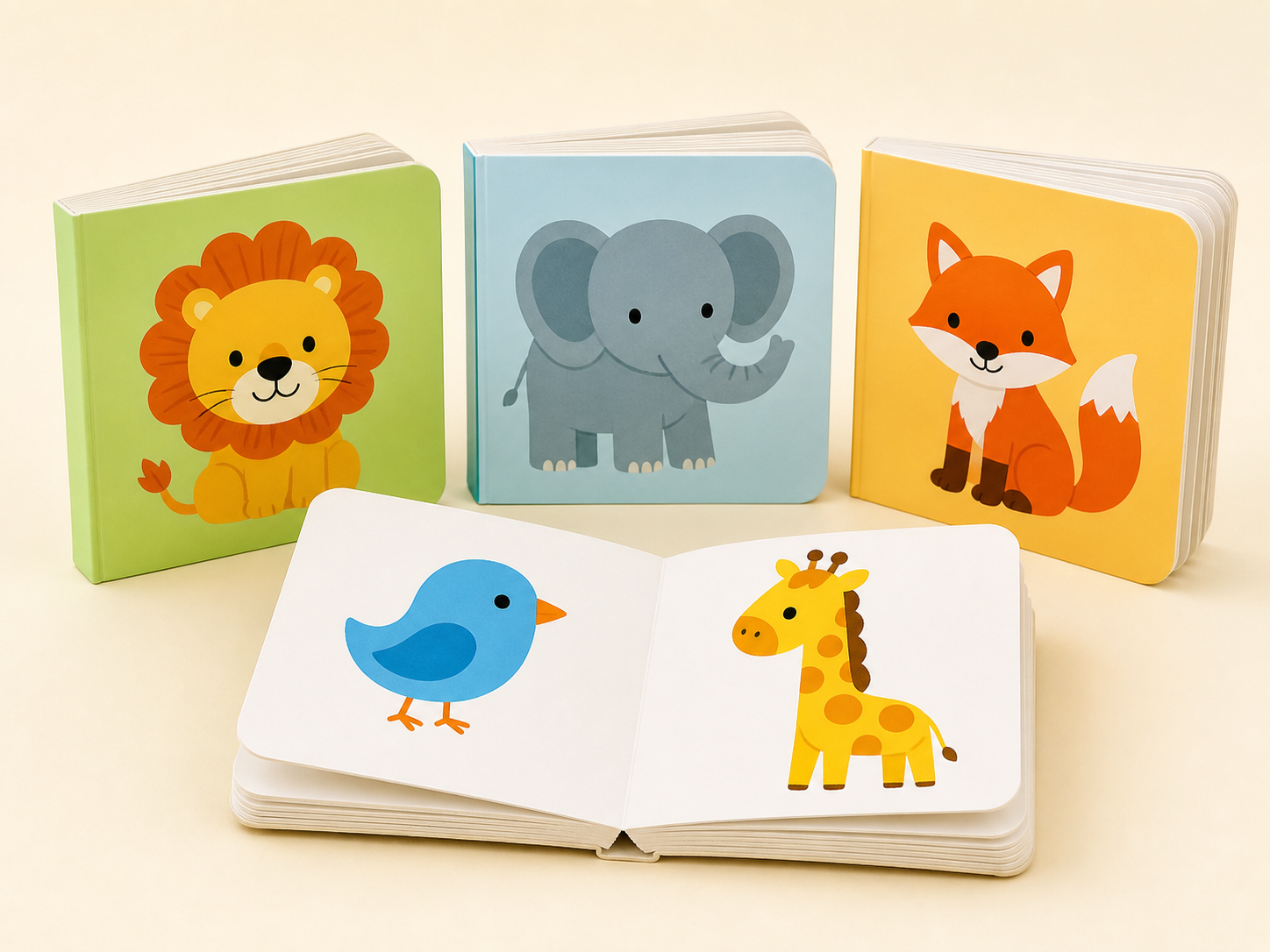 Finished rounded, thick-page board book with open spreads