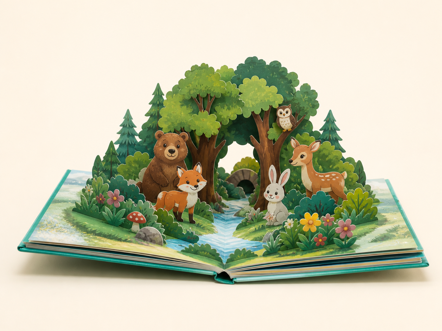 Finished children's pop-up interactive book with a dimensional paper forest scene