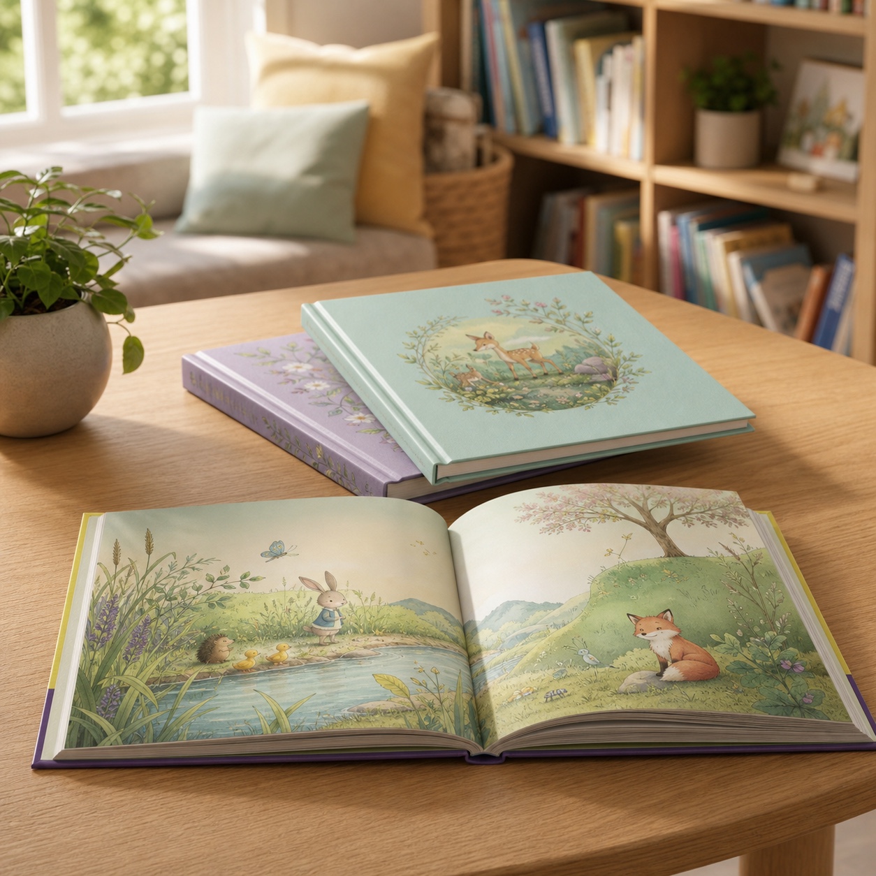 Libros ilustrados y de cuentos de tapa dura en el espacio de lectura infantil