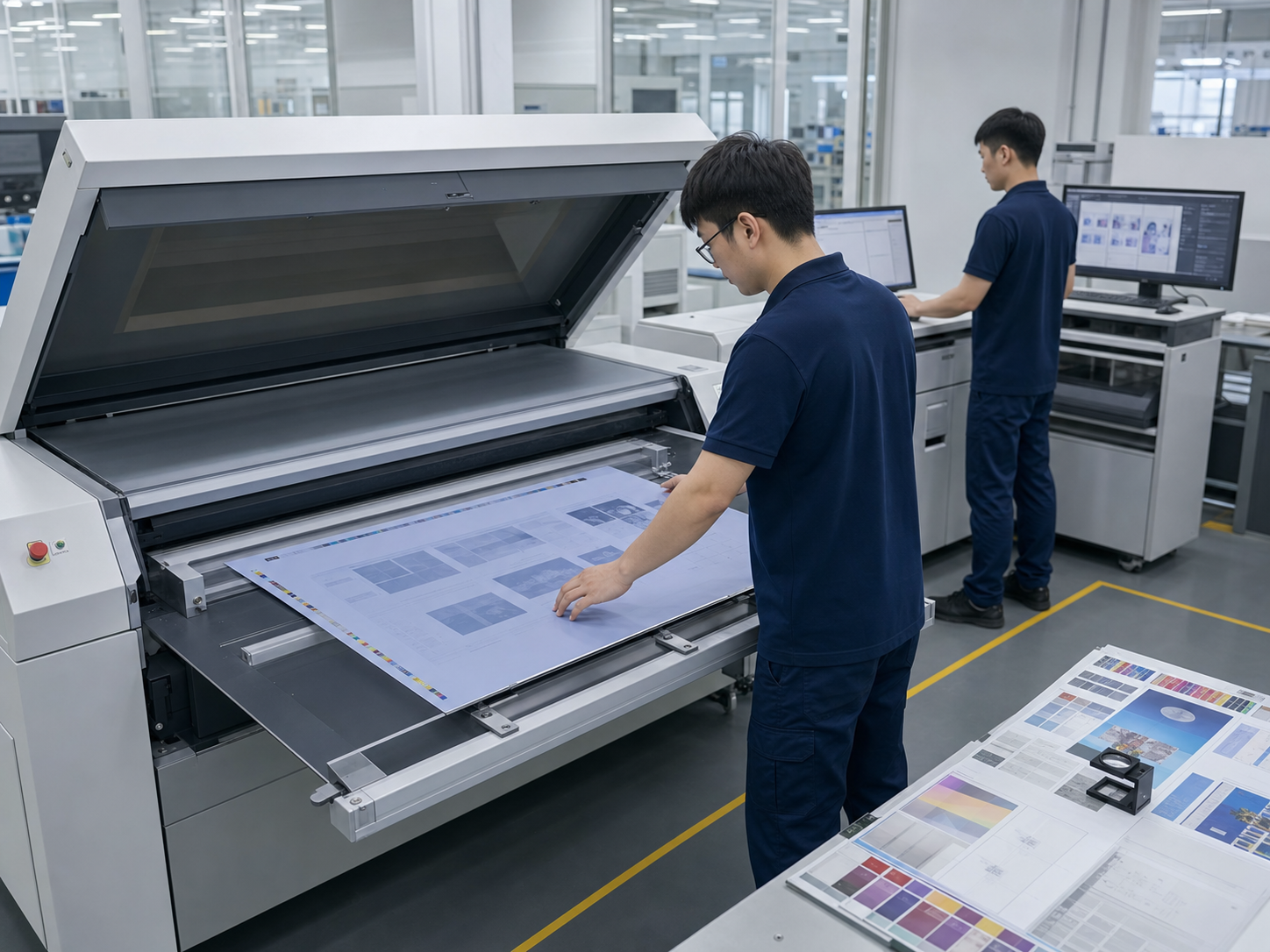 Dark blue work clothes pre-press staff perform CTP plate making output