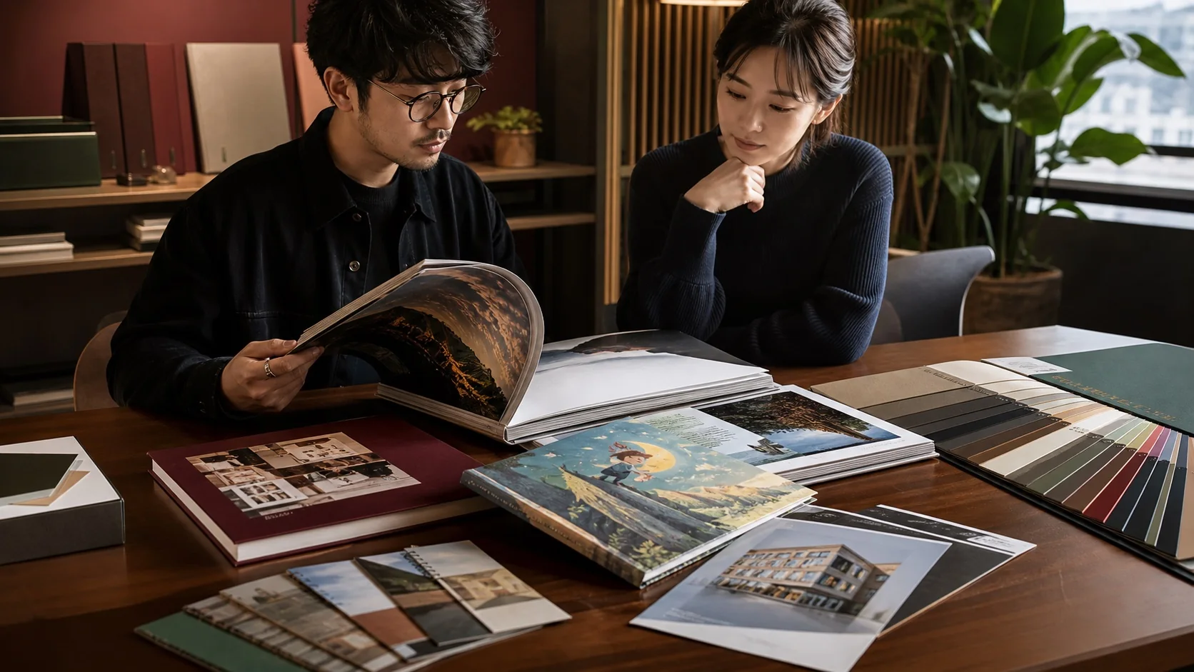 The publishing project team inspects book materials and printing samples