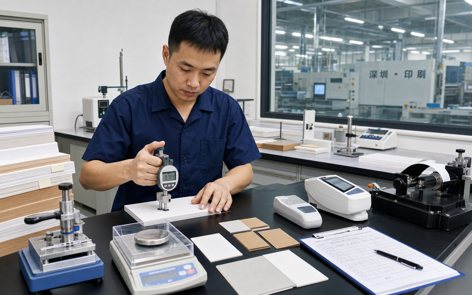 Dark blue overalls quality personnel use measuring tools and testing equipment to inspect paper and cardboard
