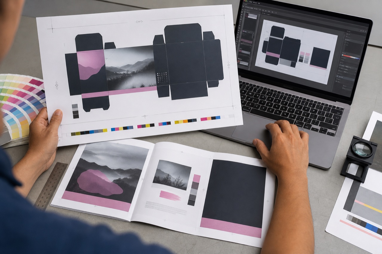 Pre-press personnel check packaging die, book sample, bleed and crop marks