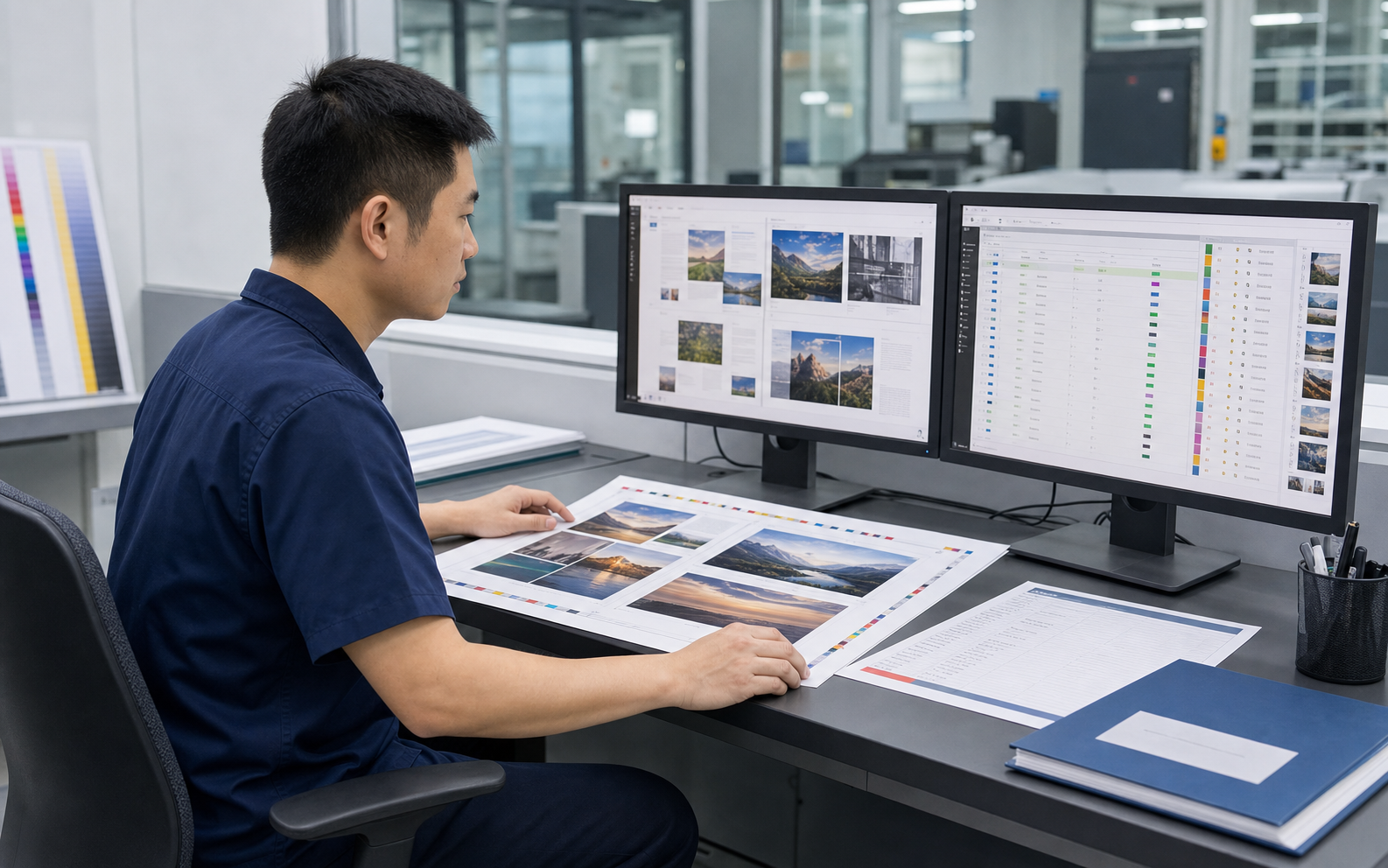 Dark Blue Workwear pre-press staff checks book layout and pre-inspection information