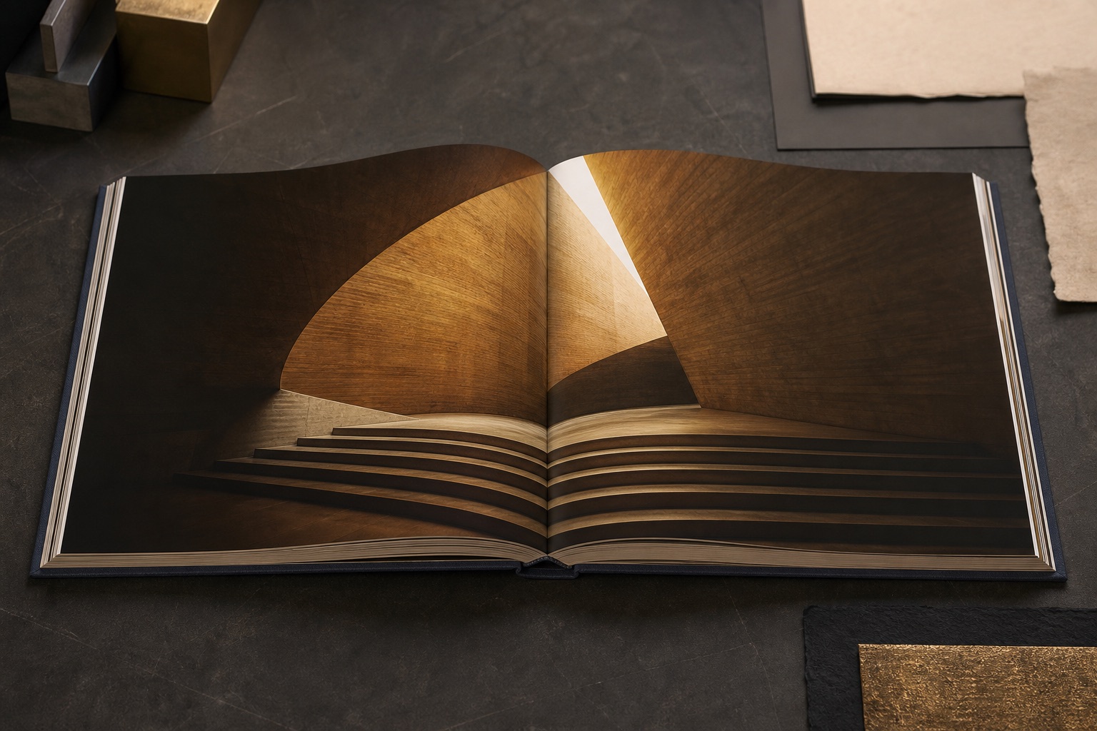 Architectural photography art-book spread and hardcover construction