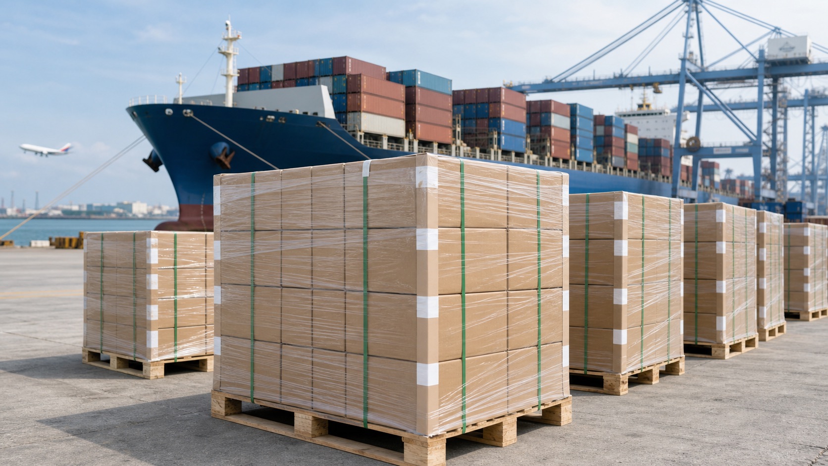 Finished product packaging, pallet protection and international transportation