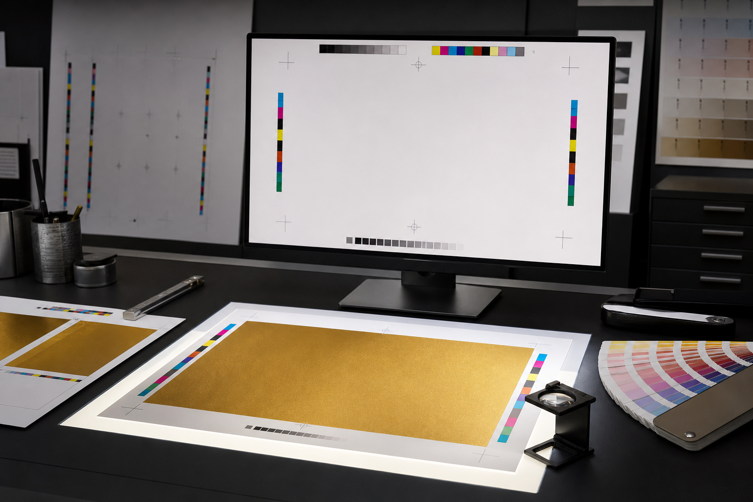 Printing sample with cutting lines, color marks and bleed marks